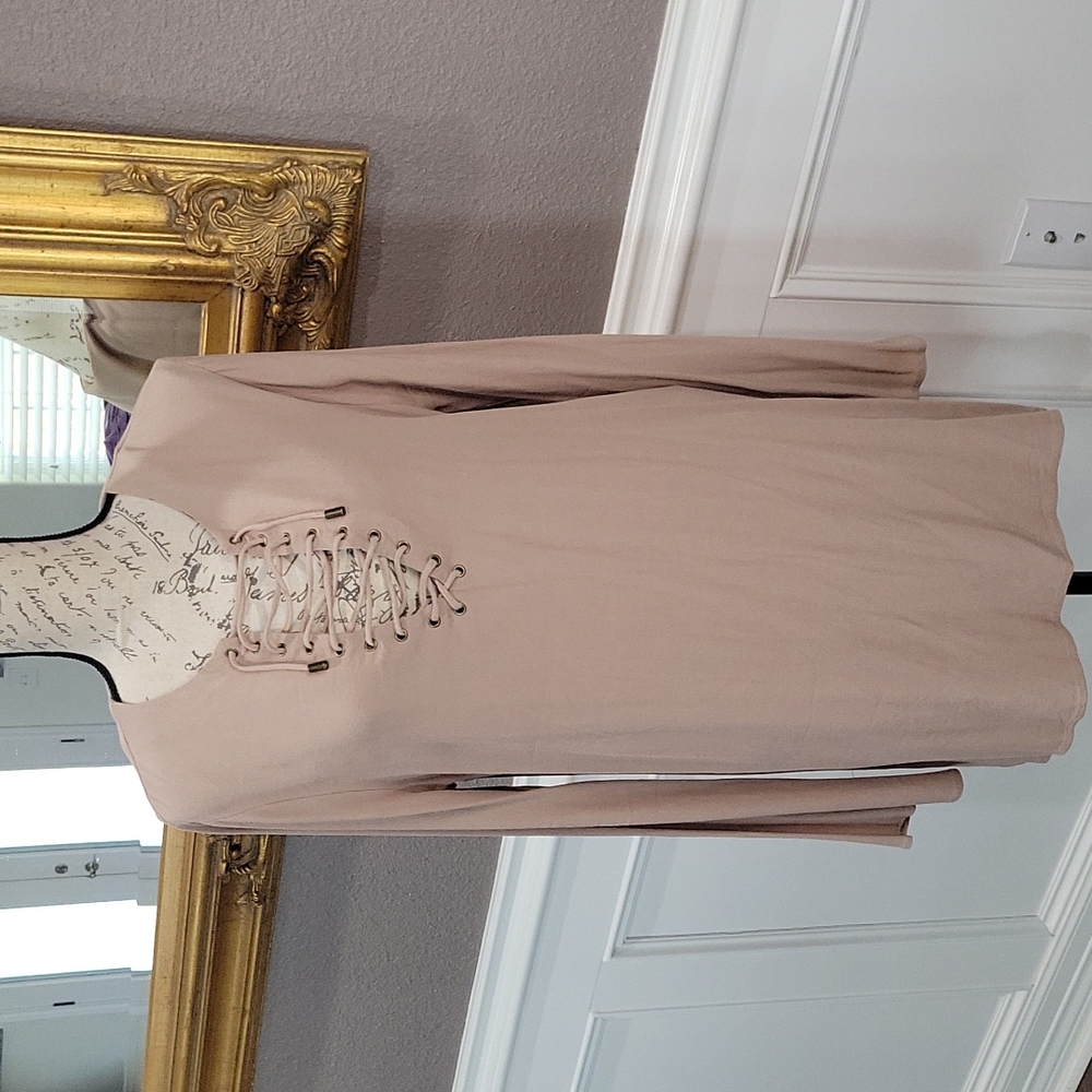 Tan low cut Lace up front Midi Dress